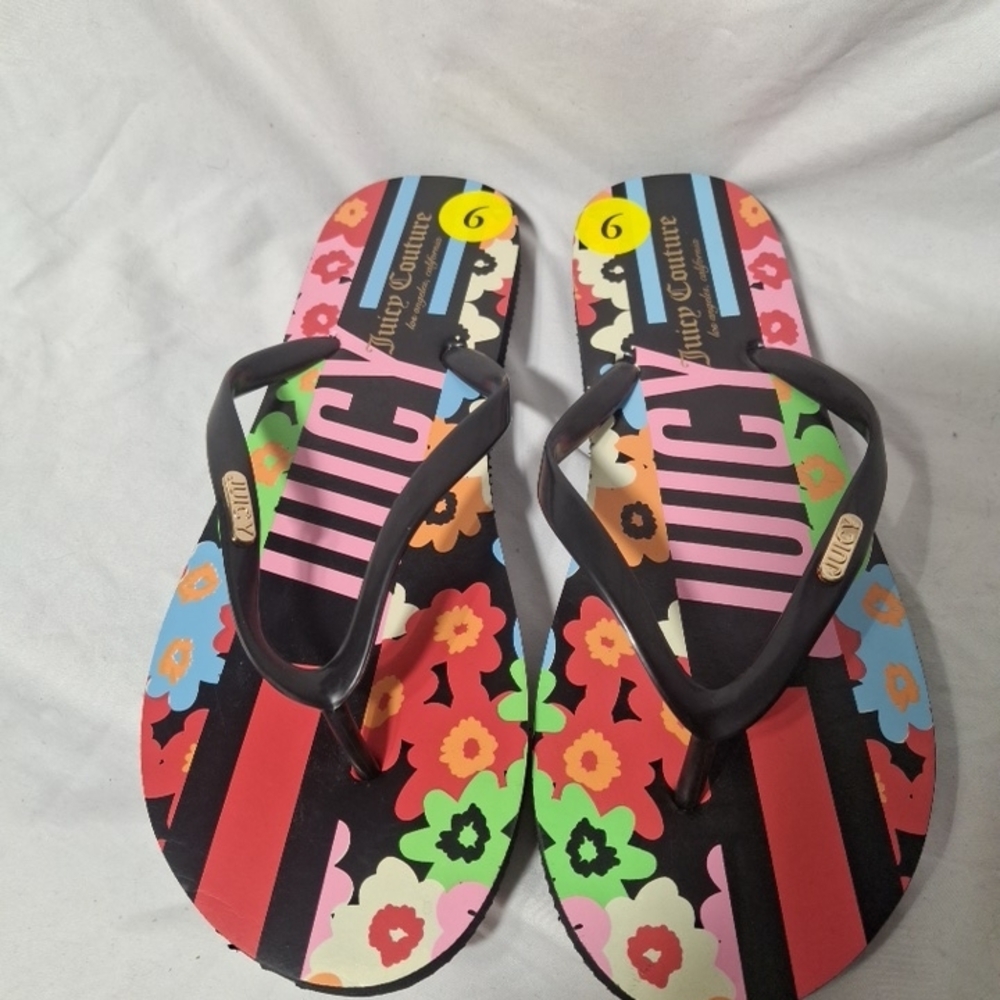 Juicy Couture Black Floral Stripe Flip Flops with Multicolor Footbed